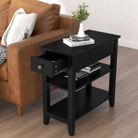 ChooChoo Side Table Living Room, Narrow End Table with Drawer and Shelf, 3-Tier Sofa End Table for Small Space, Black ChooChoo