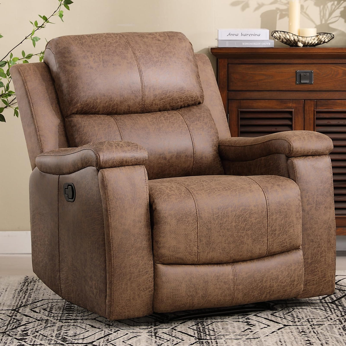 CANMOV Leather Recliner Chair, Classic and Traditional Manual Recliner Chair with Overstuffed Arms and Back, Manual Single Sofa with Concealed Cup Holders,Nut Brown CANMOV