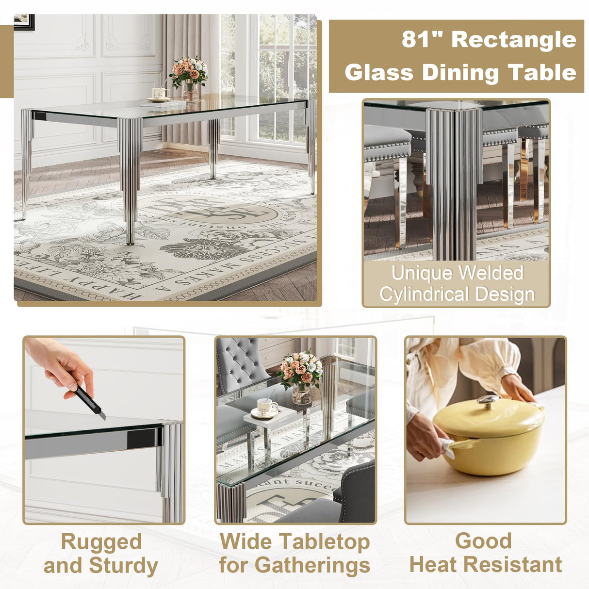 9 Piece Glass Dining Table Set for 8, 81" Rectangle Kitchen Table with 8 Gray Velvet Upholstered Chairs, Tempered Glass Tabletop with Stainless Steel Legs, for Kitchen and Dining Room, Silver Clear AMHDDT