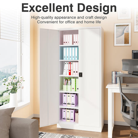 SISESOL White Metal Storage Storage Cabinet with 5 Adjustable Shelves,Metal Cabinet with Locking Doors,Steel Pantry Cabinet with Lock,72" Lockable Storage Cabinet for Home,Office,Garage,Kitchen,Shop SISESOL