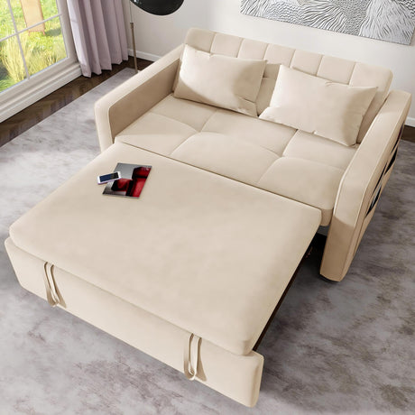 DWVO 55" Convertible Sofa Bed, 3-in-1 Sleeper Sofa with Pull-Out Bed, Velvet Futon Couch with Adjustable Backrest and Side Pocket, Modern Loveseat for Living Room Apartment, Beige DWVO