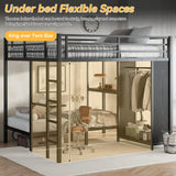 KT Rolster Bunk Bed Frame with Built-in Wardrobe King Over Twin XL Size, Metal Loft Bed with Foldable Desk and Storage Shelf, Black Bunk Beds King Size for Adults Teen Kids, No Box Spring Needed KT Rolster