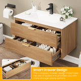 Vabches 30 Inch Bathroom Vanity with Sink, Floating Bathroom Vanity with 2 Storage Darwers, Wood Grain Wall Mounted Vanity with Storage, Bathroom Floating Vanity with Sink, Faucet, Drain Vabches