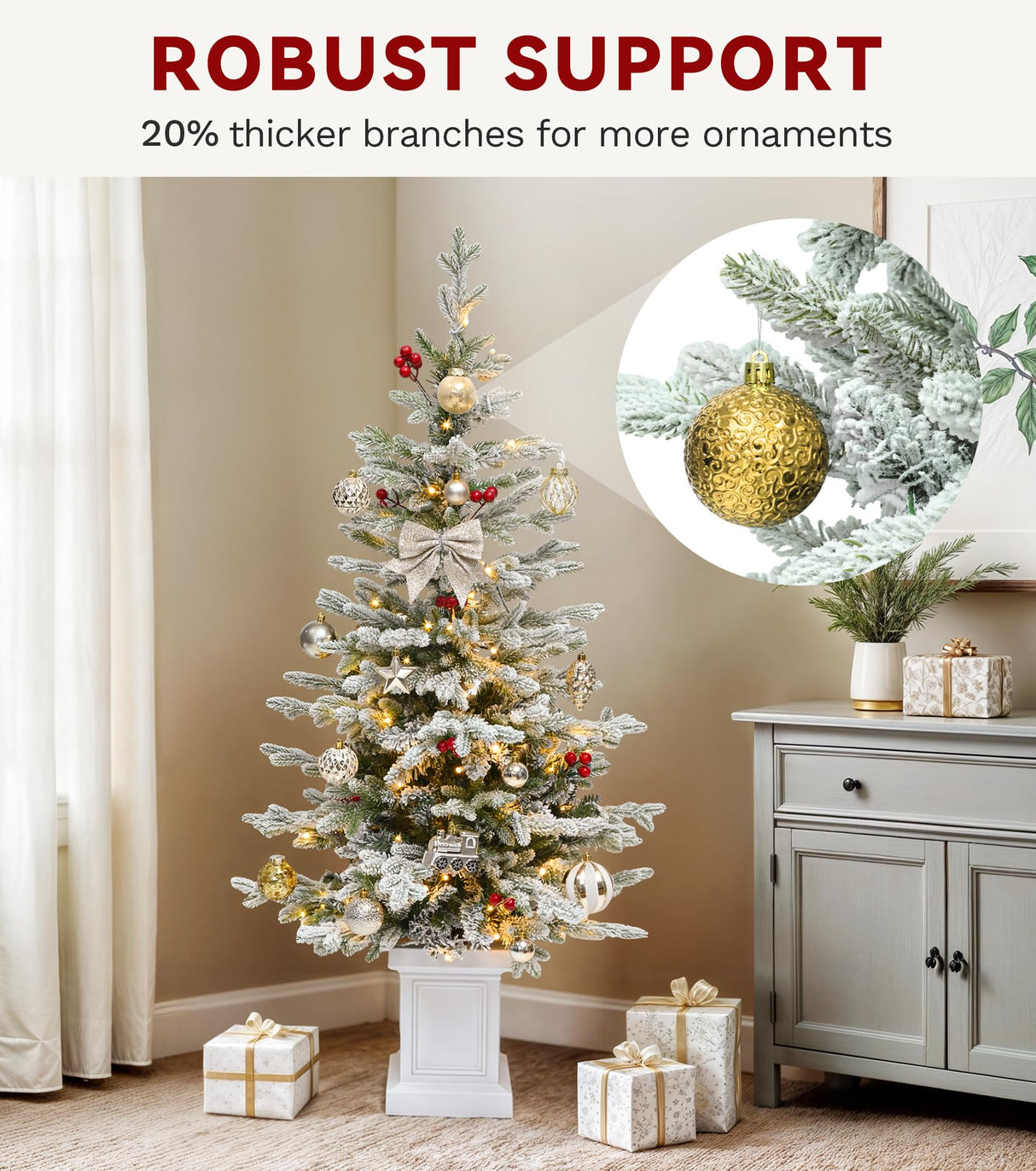 DWVO 4.5 FT Potted Slim Pre-lit Flocked Arctic Fir Pencil Tree, Potted Christmas Tree with 11 Red Hollies, 358 PE & PVC Branch Tips, and 100 Lights for Home and Office Decor DWVO