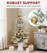 DWVO 4.5 FT Potted Slim Pre-lit Flocked Arctic Fir Pencil Tree, Potted Christmas Tree with 11 Red Hollies, 358 PE & PVC Branch Tips, and 100 Lights for Home and Office Decor DWVO