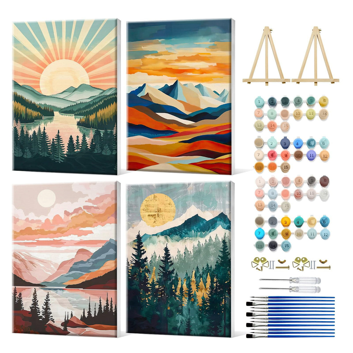 JOOZ 4 Pack Framed Paint by Numbers Kit for Adults, Mountain Sunset Paint by Number with Easel, Forest Lake Adult Paint by Number Kits on Canvas, Landscape Oil Painting Kit for Home Decor 8x12 Inch JOOZ