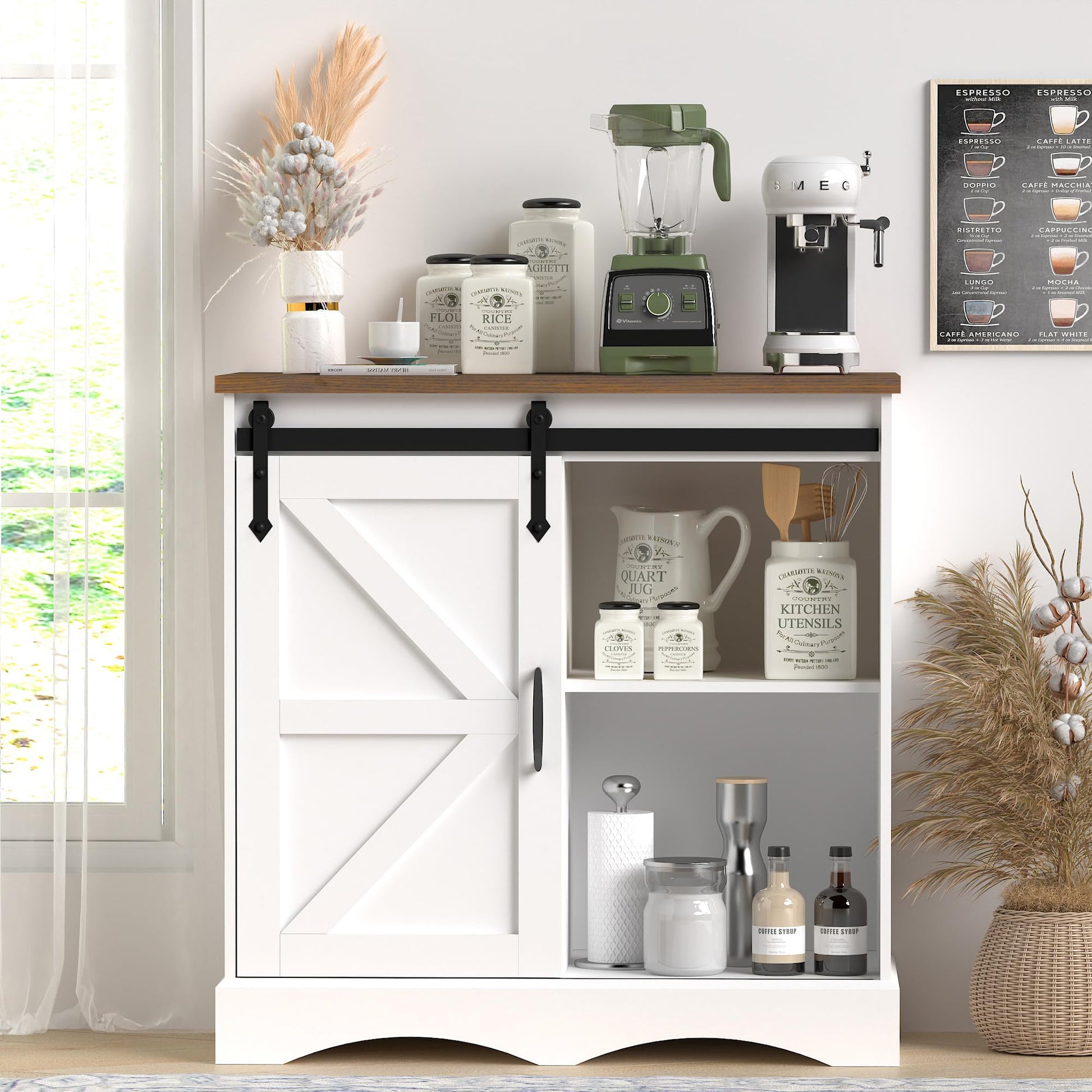 Hlivelood Farmhouse Coffee Bar Cabinet, White Buffet Storage Cabinet with Sliding Barn Door, 31.5” Kitchen Sideboard Accent Cabinet Adjustable Shelf, Dining Room Living Room Entryway, White & - WoodArtSupply