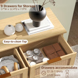 LTMEUTY 9 Drawer Dresser for Bedroom, Rattan Chest of Drawers, Modern Wood Dresser Chest with Golden Handles, 55” Wide Large Storage Long Dressers Organizer for Closet, Entryway, Living Room LTMEUTY