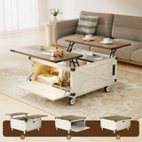 EFQHADK 36''Double-Sided Lift Top Coffee Table- Living Room Farmhouse Coffee Table with Storage- Large Square Wood Center Table with Lockable Wheels&Led, Convertible for Game/Movie/Dinning (White) EFQHADK