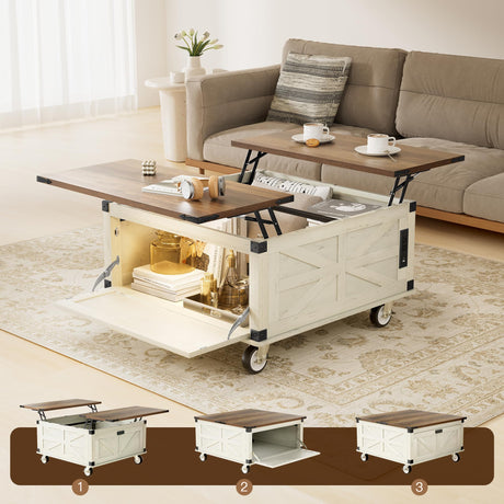 EFQHADK 36''Double-Sided Lift Top Coffee Table- Living Room Farmhouse Coffee Table with Storage- Large Square Wood Center Table with Lockable Wheels&Led, Convertible for Game/Movie/Dinning (White) EFQHADK
