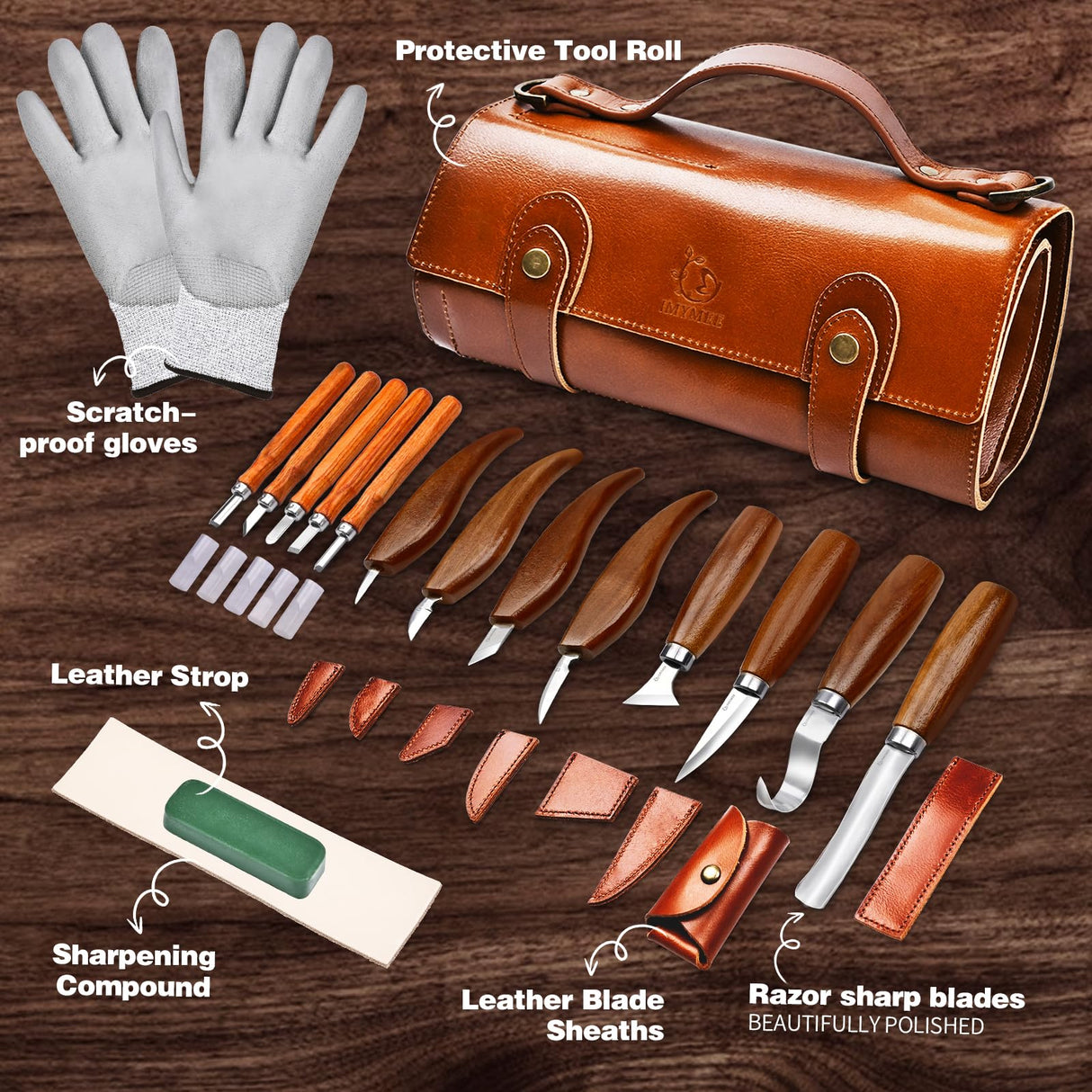 IMYMEE Deluxe Wood Carving Tools-Wood Carving Kit-Wood Carving Knife Set-Wood Whittling Kit for Beginners-Whittling Knife-Wood Carving Tool Set with Large Leather Case IMYMEE