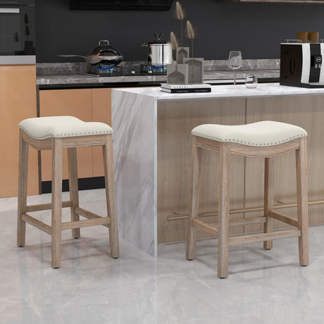 ABET Bar Stools Counter Height Chair Set of 3, 27" Backless Farmhouse Barstools with Wood Leg & Built-in Footrest, Nailhead Saddle Seat, Upholstered Linen Kitchen Island Chairs, Beige ABET