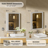 QueenFun 24x32 Lighted Medicine Cabinet with Mirror, Beveled Brushed Nickel Framed Surface or Recessed Fogless Dimmable LED Medicine Cabinet with Outlet, Time Display and Sensor Inner Light QueenFun