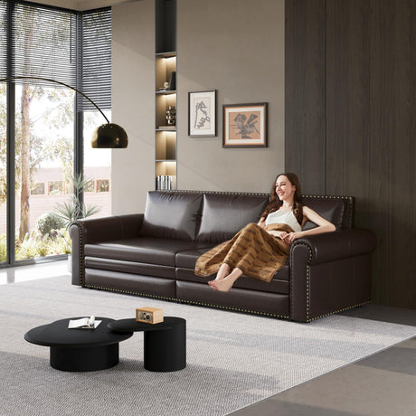 LuxyHoom 93.7" King Size Sleeper Sofa Bed, Pull Out Sofa Bed, Faux Leather Upholstery, 3 in 1 Convertible Sleeper Couch, Chaise Lounge, Retro Recliner for Living Room, Office, Apartment, Dark Brown LuxyHoom