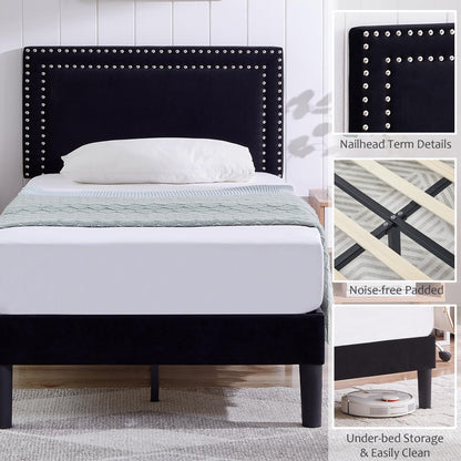 VECELO Twin Size Platform Bed Frame with Adjustable Upholstered Headboard, Modern Mattress Foundation, Strong Wood Slat Support, No Box Spring Needed, Easy Assembly