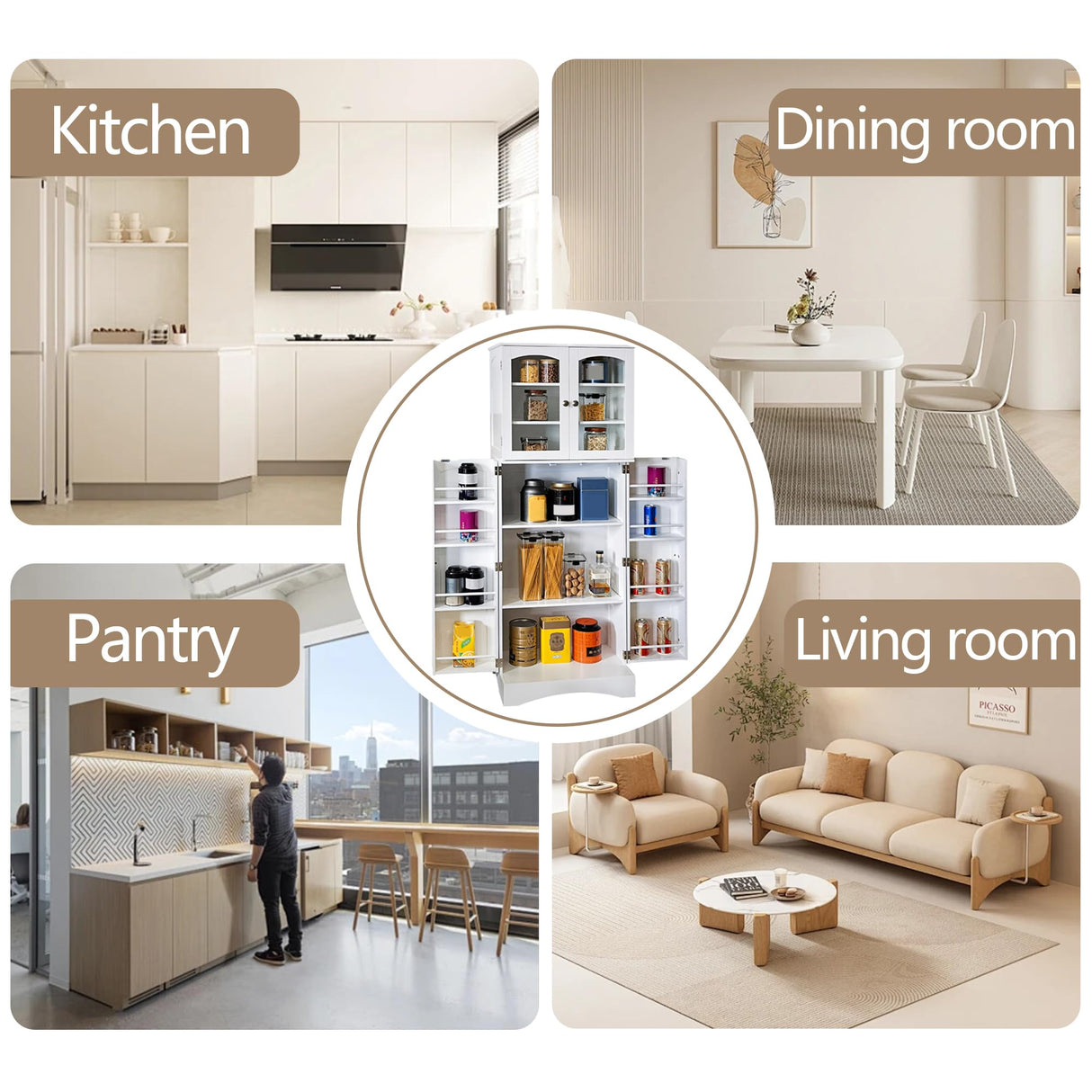 CATMIX Kitchen Pantry Cabinet, Tall Food Pantry Storage Cabinet with Glass Doors and Adjustable Shelves, Freestanding Cabinet for Kitchen, Living Room, Dining Room, White CATMIX