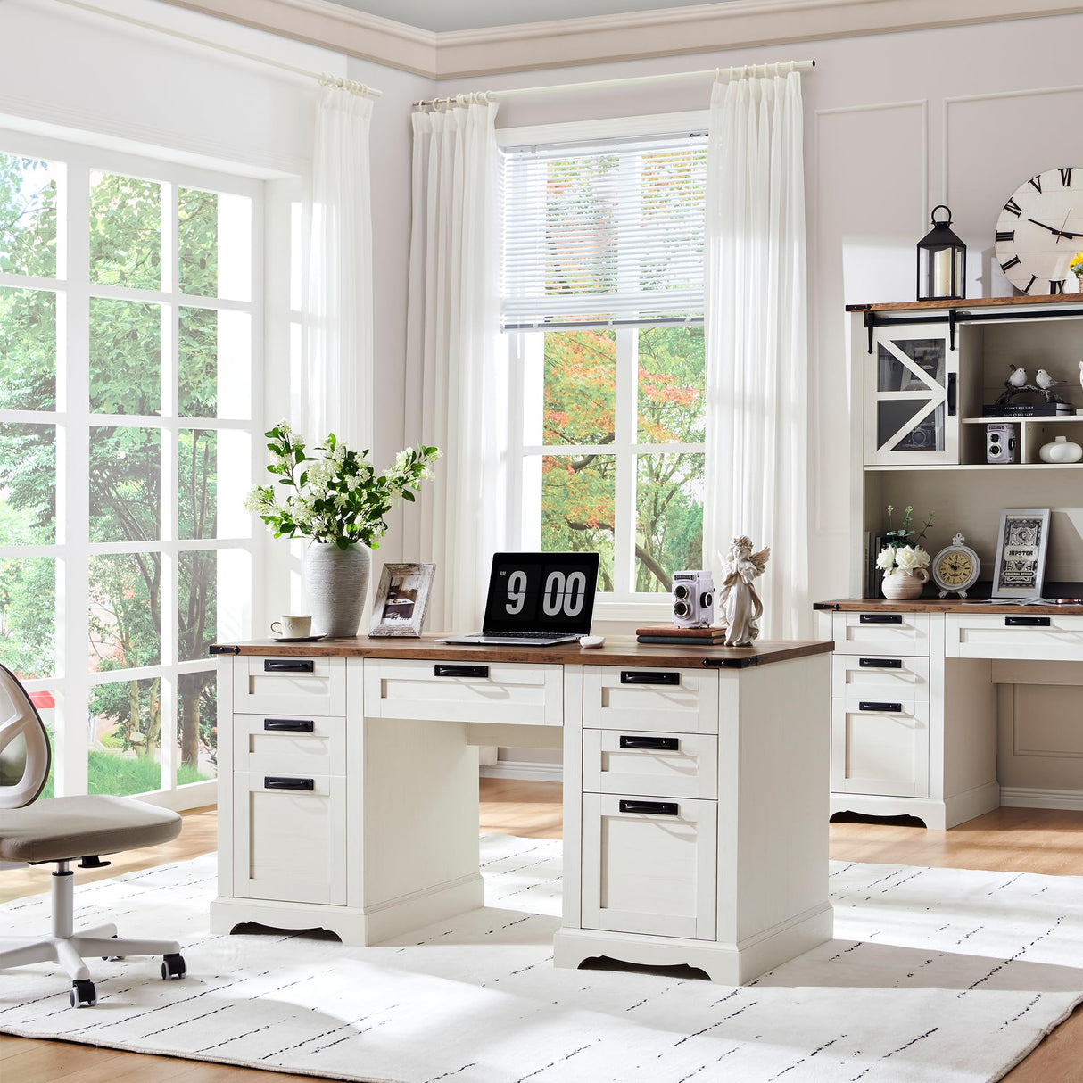 RedLemon 60" Farmhouse Executive Desk, Home Office Desk with Drawers, Charging Station, Keyboard Tray, File Drawer, Storage Cabinet, Wood Rustic Computer Writing Desk (Antique White) RedLemon