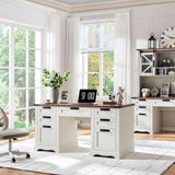 RedLemon 60" Farmhouse Executive Desk, Home Office Desk with Drawers, Charging Station, Keyboard Tray, File Drawer, Storage Cabinet, Wood Rustic Computer Writing Desk (Antique White) RedLemon