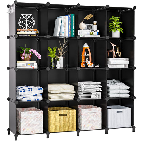 Neprock 16 Cubby Storage Organizer, Closet Clothes Storage Organizer, Cube Shelves Closet Organizers and Storage Shelves for Clothing Storage with Hammer, Bookshelf for Kids（Black） Neprock