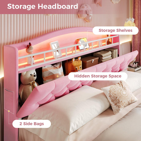 BTHFST Full Szie Girls Bed with LED Lights & Charging Station, Princess Full Size Bed Frame with Hidden Storage Headborad, Sturdy Platform Bed, No Box Spring Needed/Noise-Free/Easy Assembly, Pink BTHFST