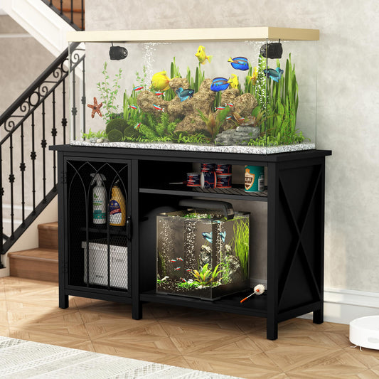 AZODY 55-75 Gallon Fish Tank Stand, Heavy Duty Aquarium Stand with Mental Door for Turtle Tank, Cabinet for Fish Tank Reptile Terrarium, 850lbs Capacity, Black - WoodArtSupply