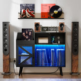 MULEJYBO Large Black Record Player Stand with Magnetic Door,350 Vinyl Record Storage Cabinet, Record Player Table with Power Outlet & LED Light,Turntable Stand with Wood Legs for Living Room,Office MULEJYBO