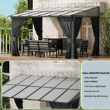 ASJMR 10x12FT Gazebo, Hardtop Wall Mounted Gazebo with Sloping Sun Panel Roof, Awnings for Patio with Metal Frame, Double Curtains for Garden, Lawn, Backyard Deck, Sand ASJMR