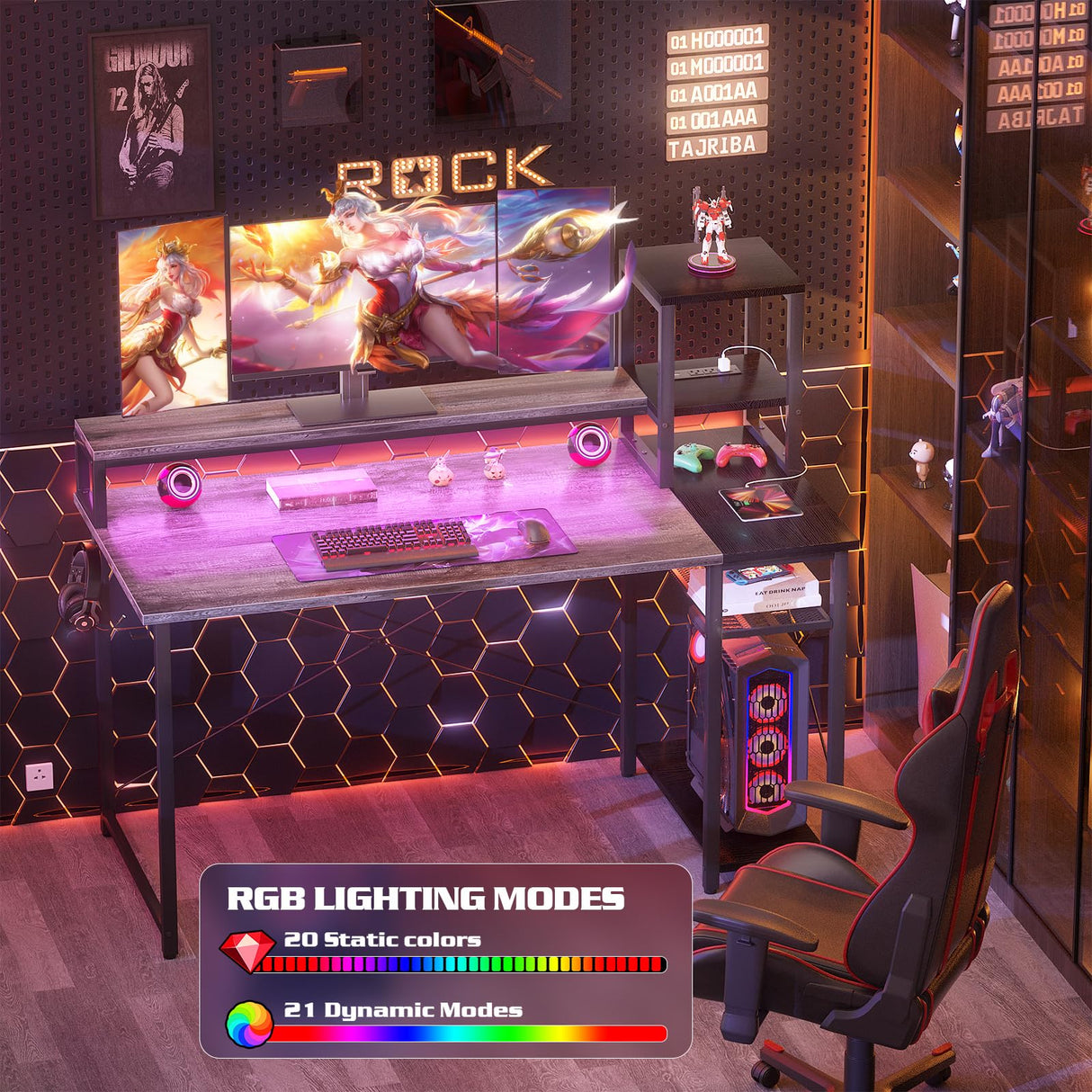 armocity 2024 Upgrade Gaming Desk with LED Lights, Small Computer Desk with Long Monitor Stand, 47.2'' Reversible Laptop Table with Storage Shelves, Small Desk for Small Spaces, Gaming Room, Grey armocity