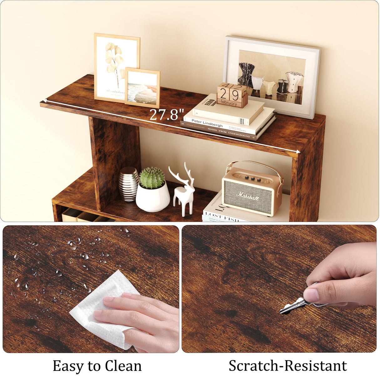 Yusong Bookshelf 5-Tier, Geometric Bookcase S Shaped Book Shelves for Bedroom, Modern Industrial Wood Decorative Display Shelf Book Case for Home Office, Rustic Brown Yusong