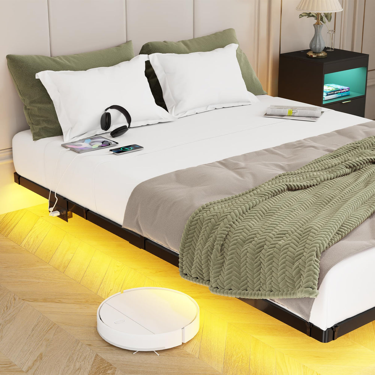 Gadroad LED Floating Queen Bed Frame with Charging Station and Metal Slats Support Gadroad