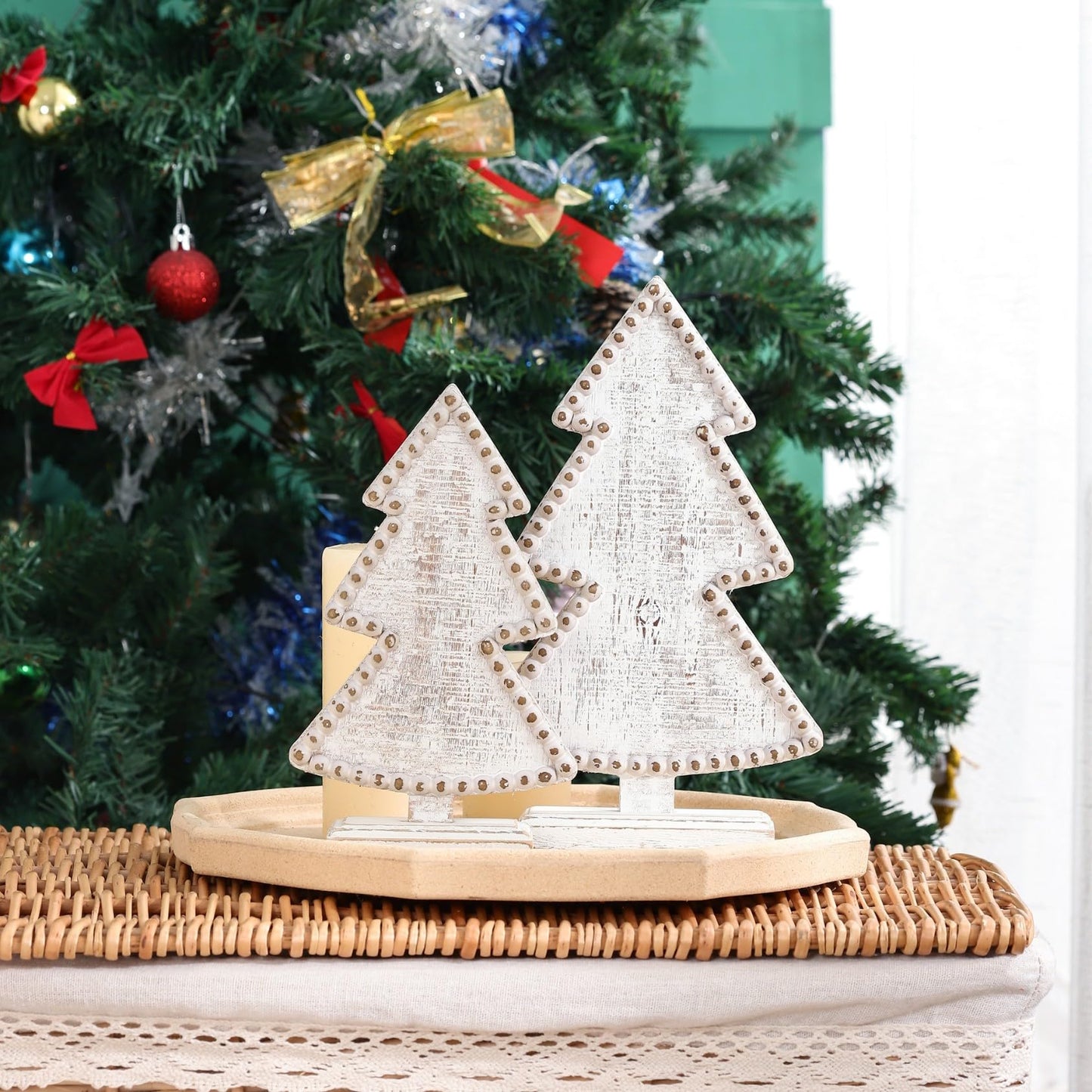 BAYSBAI Wooden Christmas Trees Tabletop Decoration Set of 2,Rustic Beaded Christmas Centerpieces for Tables,Shelf, Mantel,Office Desk,Small Xmas Trees Farmhouse Decor for Winter White