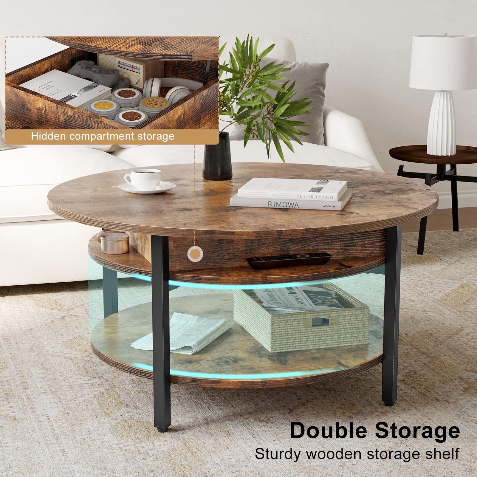 FABATO Round Lift Top Coffee Table for Living Room, 35.43'' Round Coffee Table with Storage and Hidden Compartment, 2 Tier Large Farmhouse Coffee Table Round Dining Table, Rustic Brown - WoodArtSupply