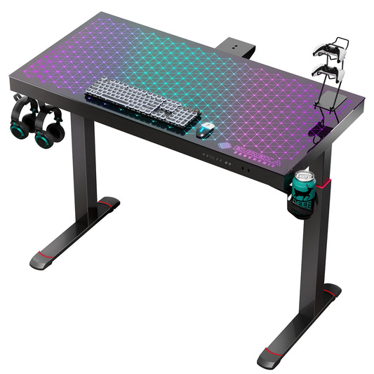 EUREKA ERGONOMIC RGB Glass Gaming Desk, Music Studio Desk, 47 Inch Adjustable Height Computer Desk Music Sensing LED Sit Stand Desk for Home Office Gamer w Dual Motors,USB Ports, APP Control - WoodArtSupply