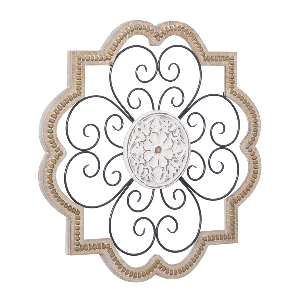 Deco 79 Wooden Scroll Home Wall Decor Carved Beading Wall Sculpture with Metal Accents, Wall Art 27" x 1" x 27", Brown Deco 79