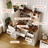 Halitaa Farmhouse Vanity Desk with Mirror and Lights,White Makeup Vanity with 5 Drawers & Hidden Storage,Rustic Large Dressing Table with Charing Station & Shelves for Bedroom Halitaa