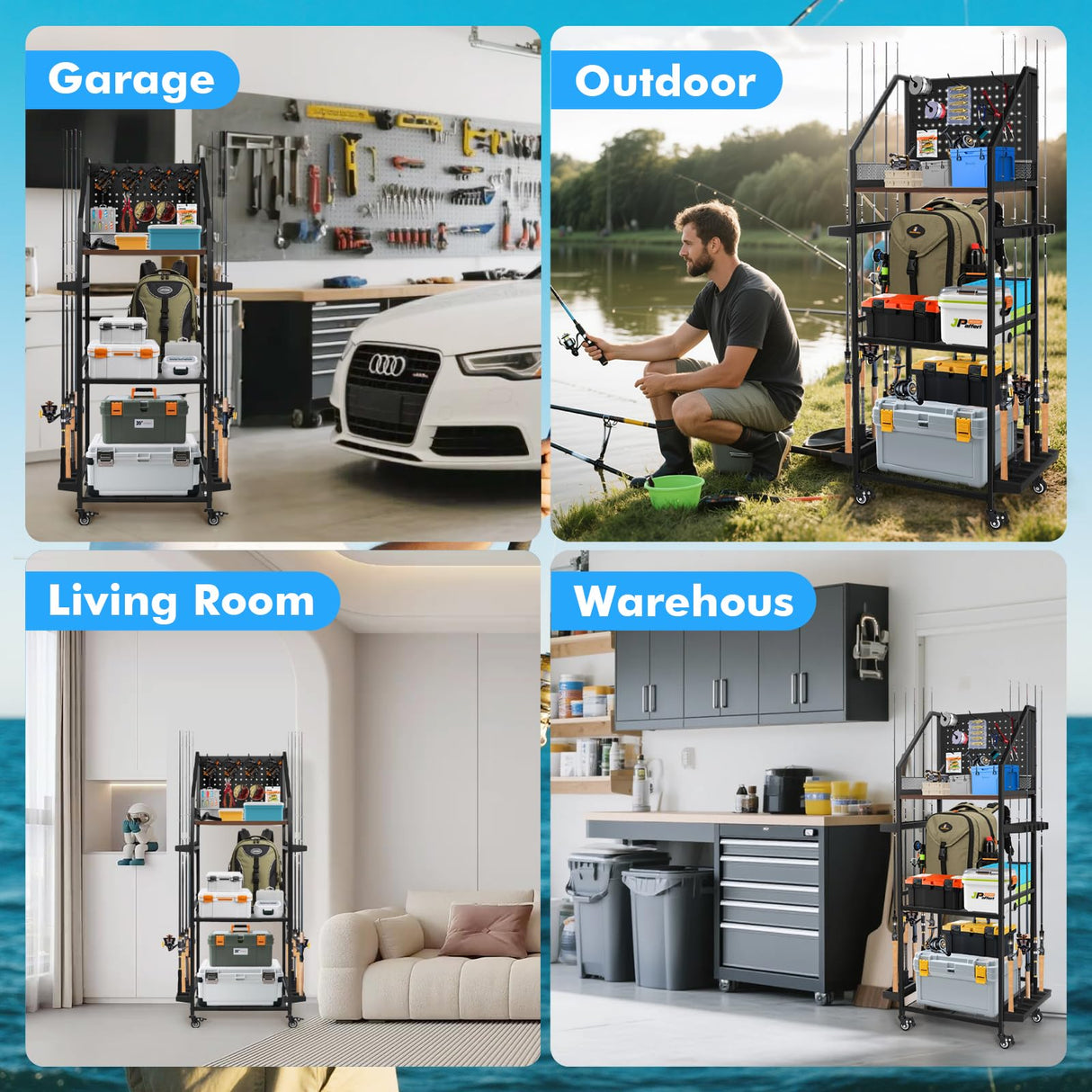 MUONM Fishing Rod Holders for Garage,Fishing Rod Rack with 3 Tier can Holds up to 12 Rods,Fishing Rod Organizer with Wheels for Outdoor and Indoor,Dark Black (Large) MUONM