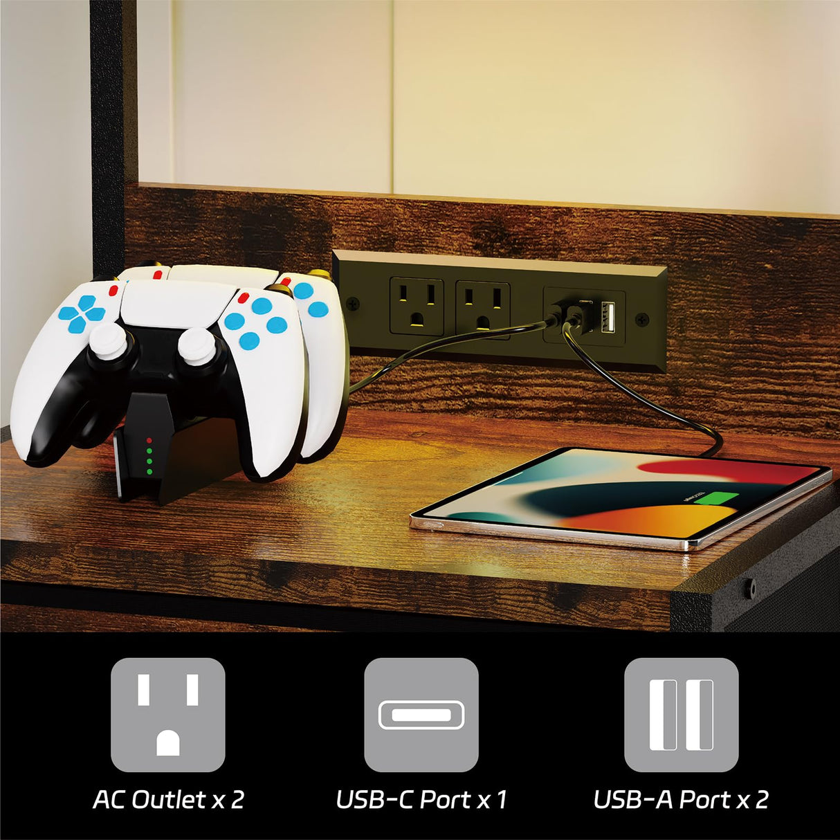 SZLHANJZ Nightstand, Dresser Nightstand with Charging Station and Led Lights, 3 Drawers Night Stand with Storage Shelf and Hooks, Tall End Side Table for Bedroom, Rustic Brown SZLHANJZ