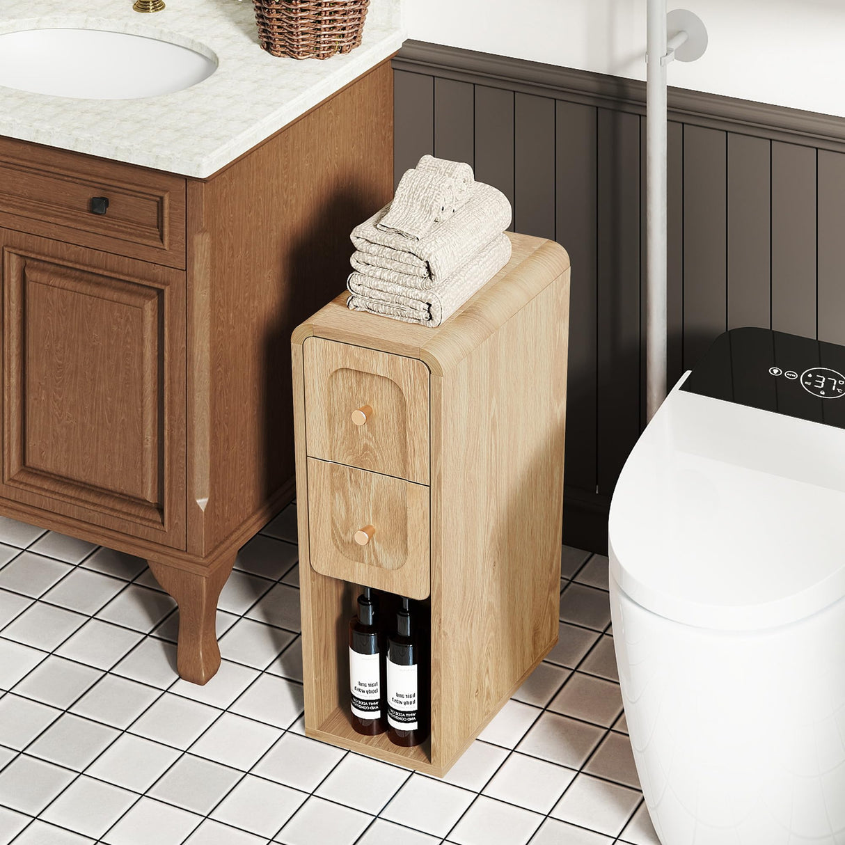 MAHYIZYI Small Nightstand Set of 2, Wooden Narrow Nightstands with 2 Drawers, Vintage Side End Table for Small Spaces, Skinny Night Stand, Bedside Table for Bedroom, Living Room (Natural-2PCS) MAHYIZYI