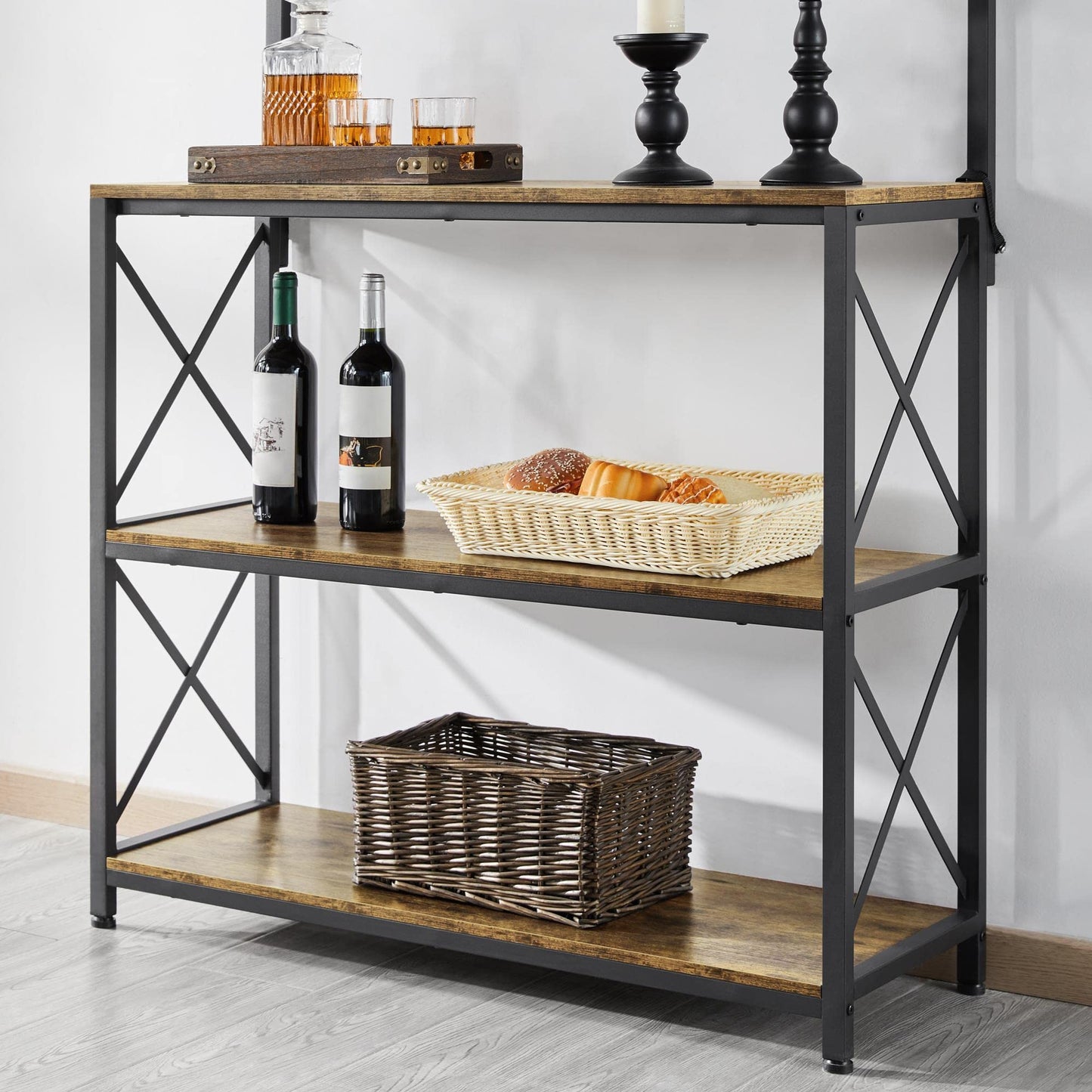 Yaheetech Kitchen Bakers Rack with Storage, 36.5" Width Utility Storage Shelf Coffee Bar with 5 Hooks, Large Microwave Stand for Kitchen, Dining Room, X Designed, Rustic Brown