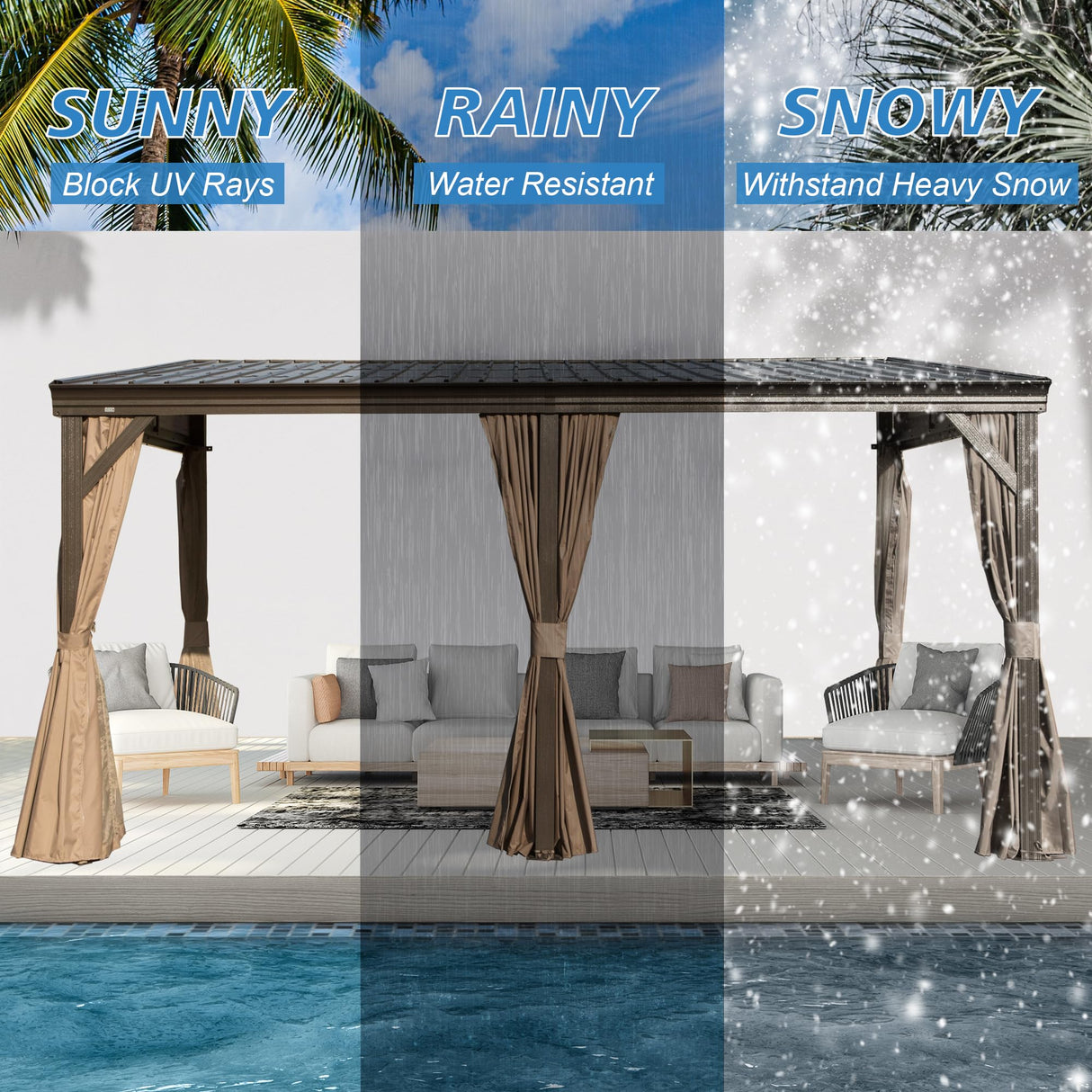 SHPAI 12’ x 16’ Lean to Gazebo, Outdoor Wall Mounted Gazebo Aluminum Frame, Hardtop Pergola with Galvanized Steel Sloping Roof for Patio Deck Garden Backyard, Curtain and Netting Included SHPAI