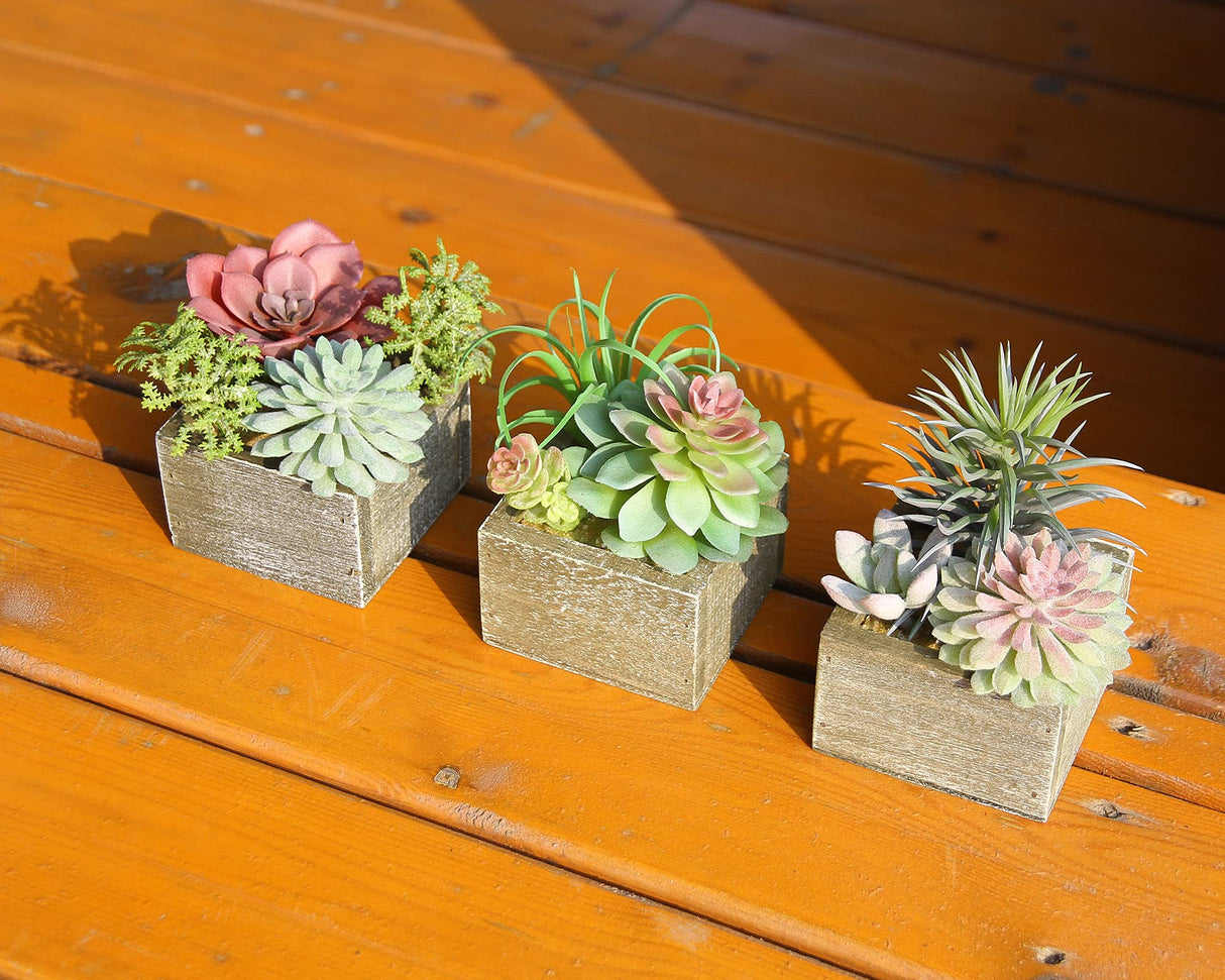 Mingfuxin Succulents Plants Artificial, Mini Assorted Green Fake Plants in Pots, Small Artificial Succulent Plant with Wood Potted for Bathroom Home Office Living Room Table Decor Indoor, Set of 3 Mingfuxin