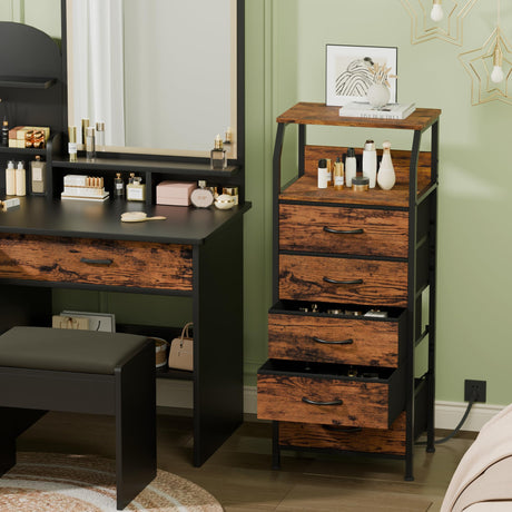 Furnulem 5 Drawers Dresser with Charging Station, Tall Night Stand with Storage Shelf, Fabric Chest of Drawers, Bedside Table for Closet, Entryway, Bedroom Furniture, 3 Ways to Use, Rustic Brown Furnulem