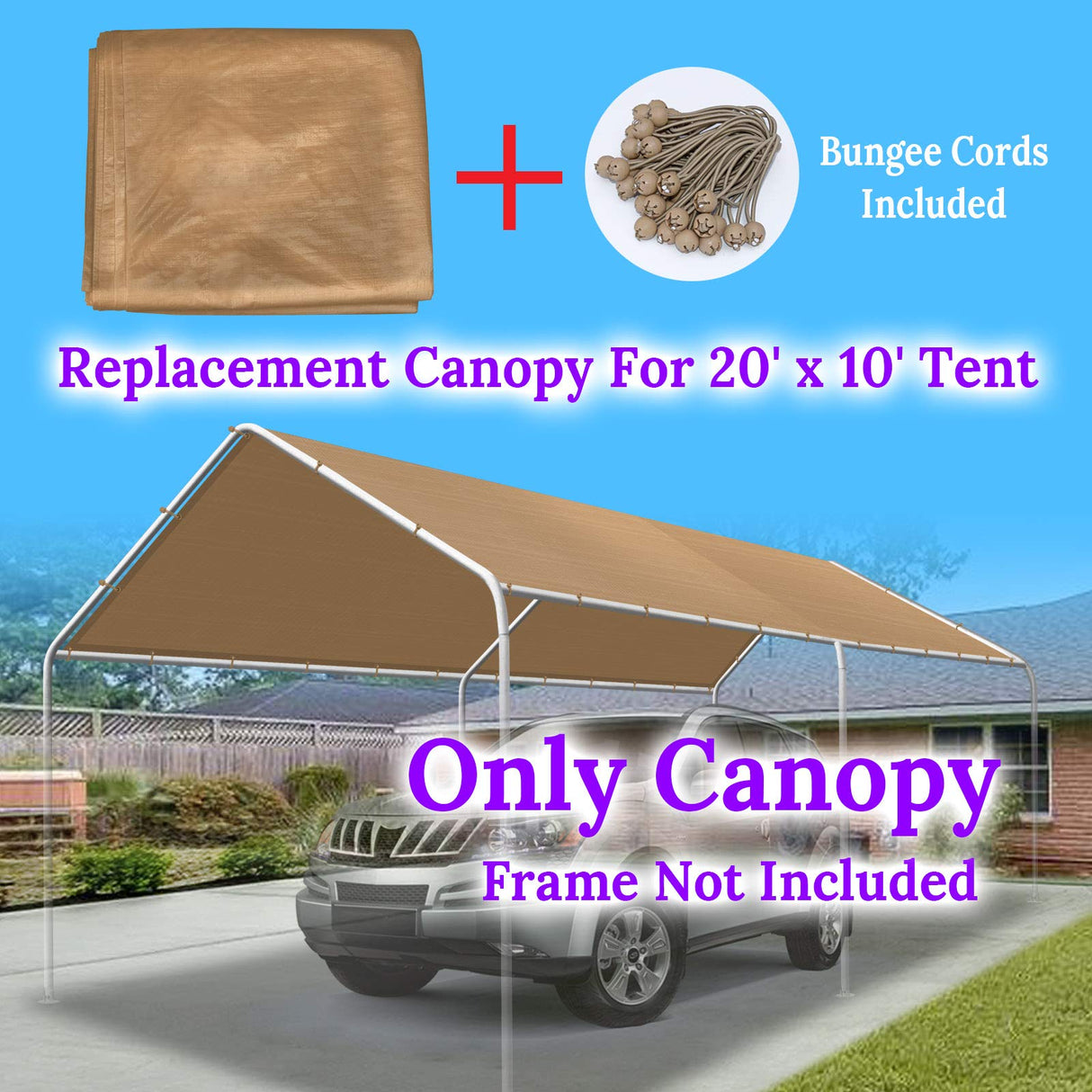 BenefitUSA 10'X20' Carport Canopy Replacement Carport Top Cover for Garage Shelter, w/Ball Bungees, Cover ONLY (Tan) BenefitUSA