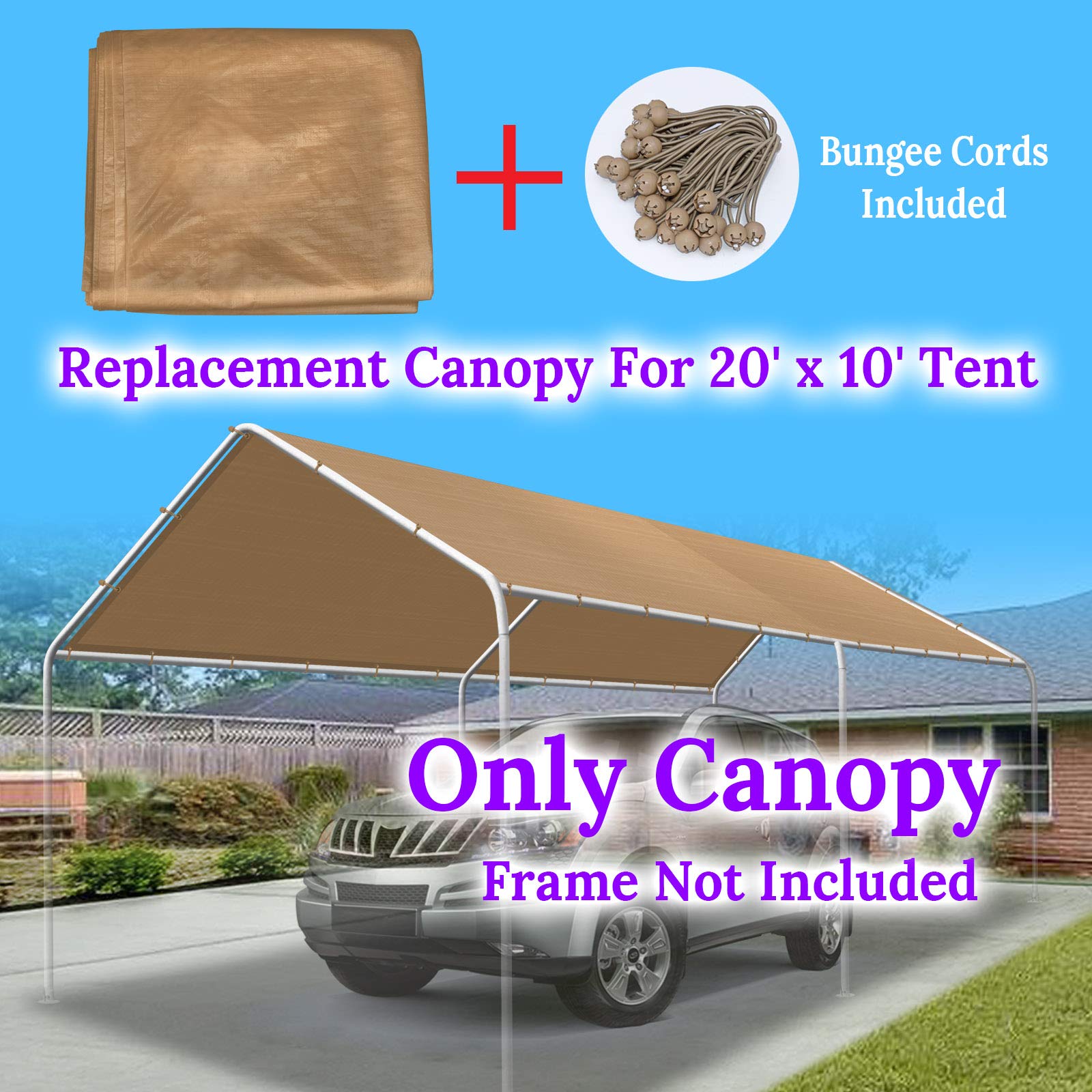 BenefitUSA 10'X20' Carport Canopy Replacement Carport Top Cover for Garage Shelter, w/Ball Bungees, Cover ONLY (Tan) - WoodArtSupply