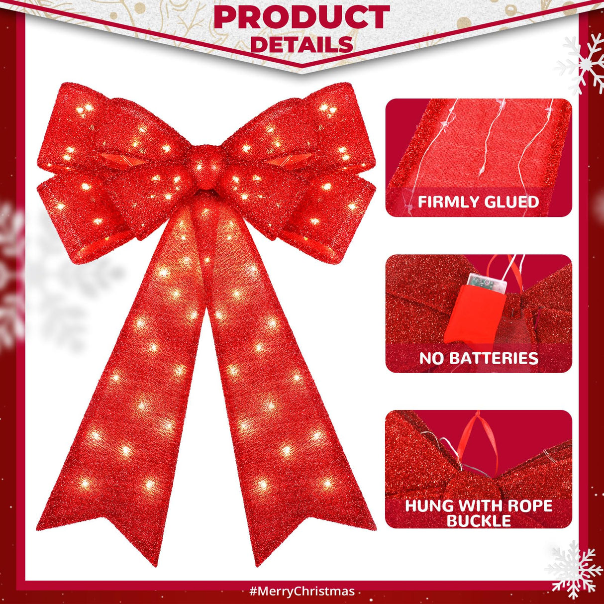 Liliful 2 Pcs 18 x 32 in LED Christmas Wreath Bows Extra Large Bows 72 LED Lights Wreath Huge Bow Door Wall Xmas Tree Top Decor for Indoor Outdoor Winter Xmas Party (Glitter) Liliful