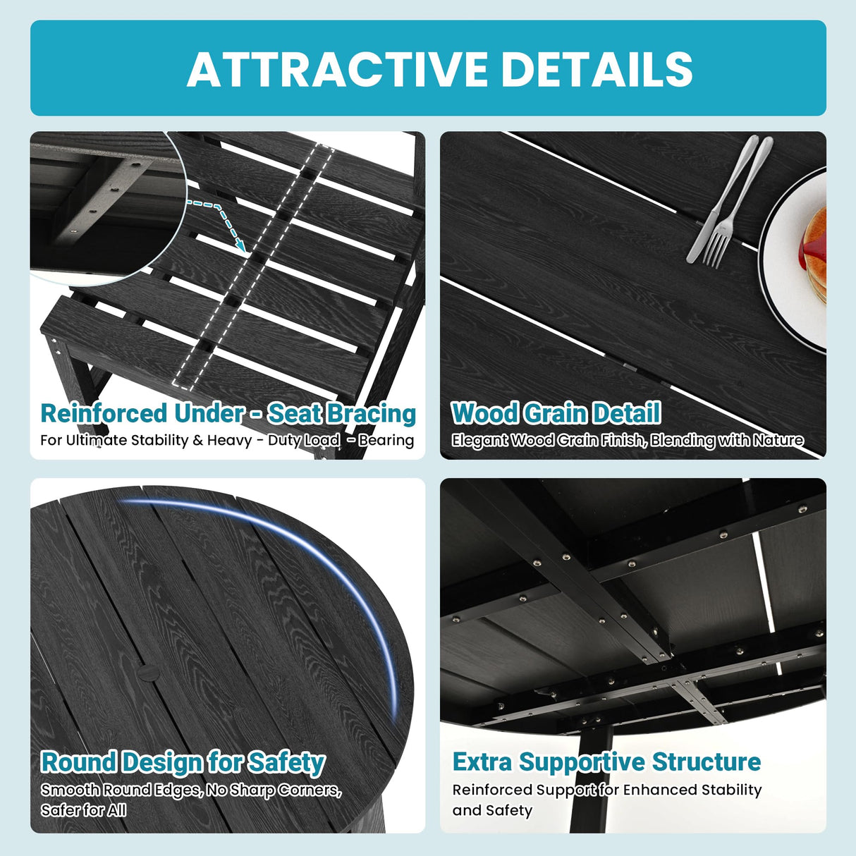 PamapicLife 5 Piece Round Outdoor Dining Set, Relaxing HDPE Outdoor Table and Chairs with 105° Ergonomic Backrest, All-Weather Patio Table and Chairs Set with Umbrella Hole for Porch, Poolside, Black PamapicLife