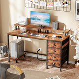 Furologee Desk with Power Outlets and LED Lights, 47in Gaming Computer Desk with 4 Fabric Drawers, Home Office Desk with Full Monitor Stand and Shelf, Study Writing Desk Bedroom, Rustic Brown Furologee