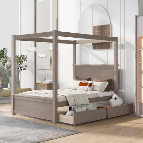 SPOFLYINN Wooden Canopy Bed with Headboard Footboard 8 Wood Slat Support Space Saving Heavy Duty Platform Beds (79.5" L x 56.9" W x 71.2" H) Brushed Light Brown SPOFLYINN