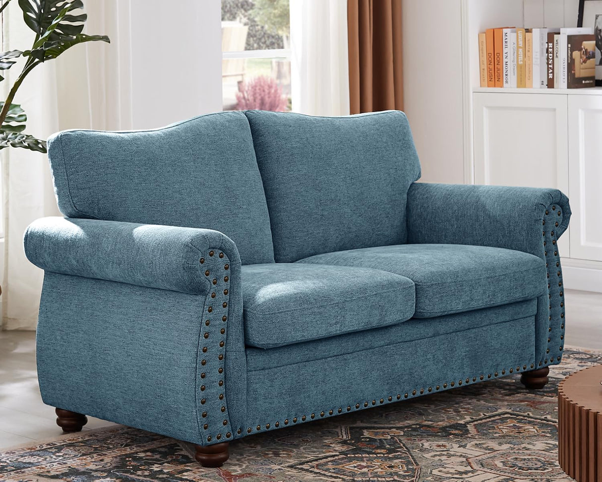 ONBRILL Nailhead Sofa, 66" Small Couch with Rolled Arms, Chenille Fabric Loveseat w/Springs Seat Cushion, Vintage Curved Back, Turned Wood Legs, Comfy Couch for Living Room, Bedroom, Farmhouse, Teal ONBRILL