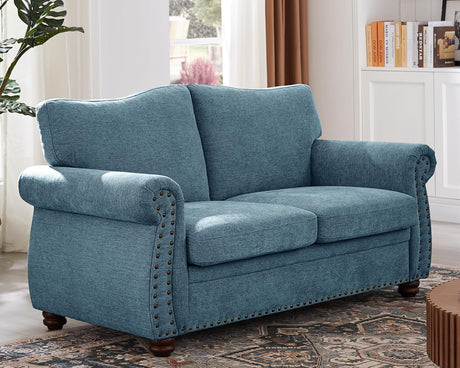 ONBRILL Nailhead Sofa, 66" Small Couch with Rolled Arms, Chenille Fabric Loveseat w/Springs Seat Cushion, Vintage Curved Back, Turned Wood Legs, Comfy Couch for Living Room, Bedroom, Farmhouse, Teal ONBRILL